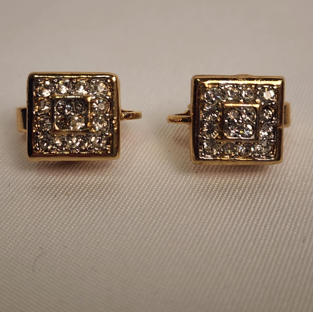 Nina Ricci Gold Square Cube Clip On Earrings Pave Crystals - Picture 3 of 8